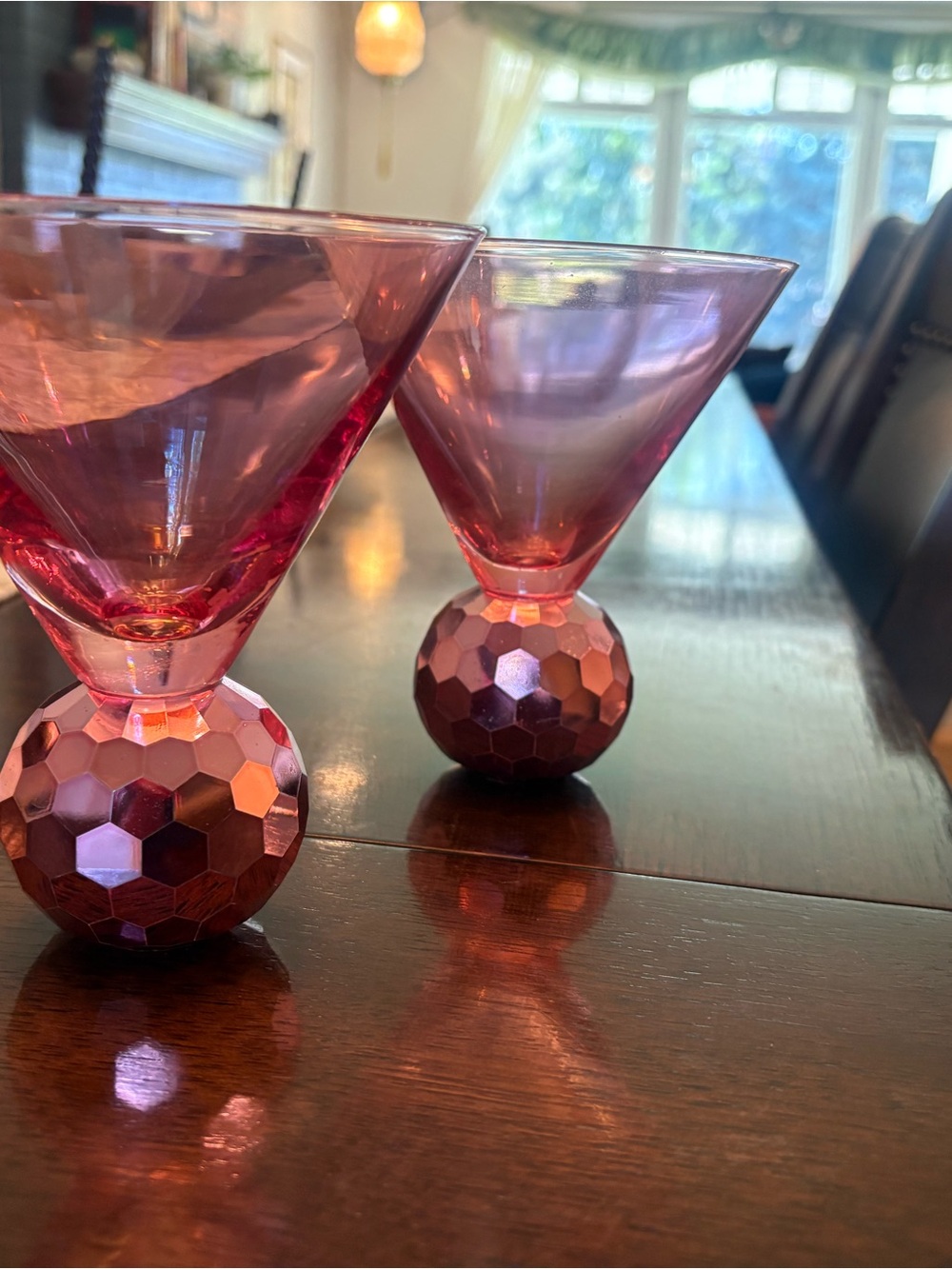 Pink Iridescent Martini Glasses with Faceted Ball Base - Set of 2
